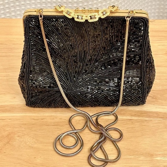 Vintage Walborg Black Beaded Evening Bag Clutch Purse Chain Strap Made in Macau - Picture 4 of 16